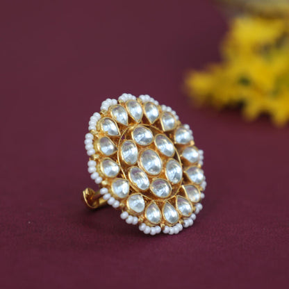 Traditional Ring In Floral Design With White Studded Jadtar Stones