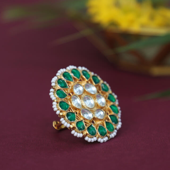 Traditional Ring In Floral Design With Green And White Studded Jadtar Stones