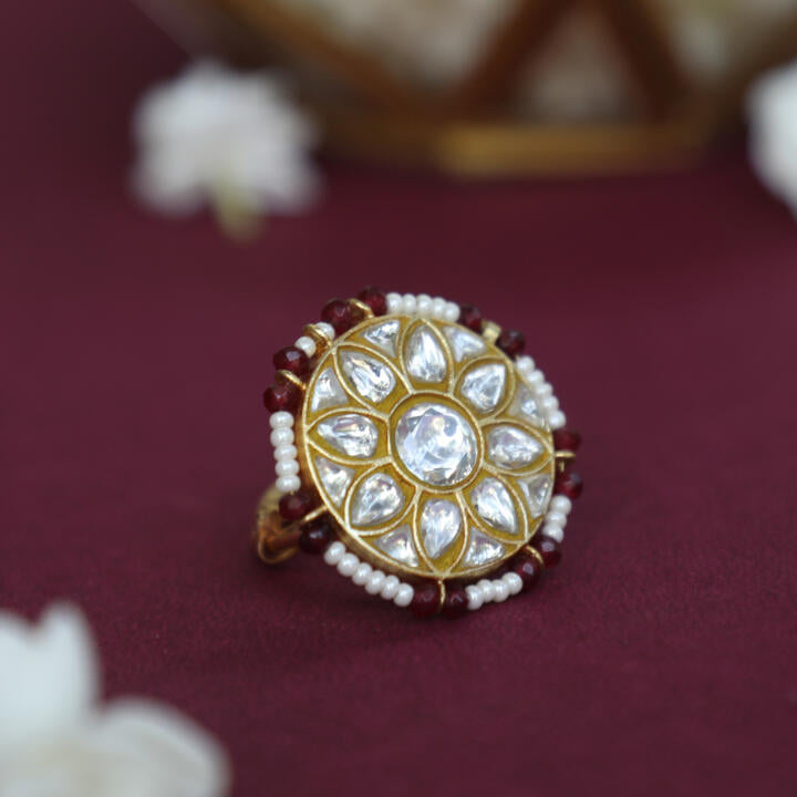 Floral Jadau Ring In 22Kt Gold Plating