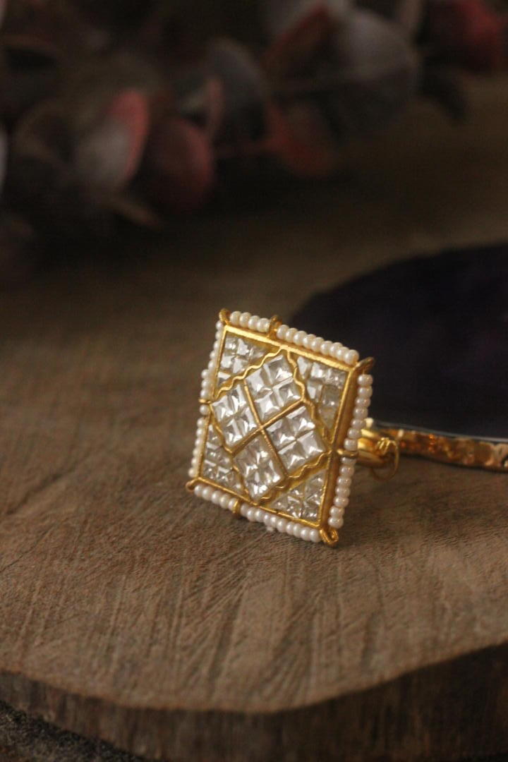 Heritage Wedding Wear Ring In Square With Jadau Stones And Pearls