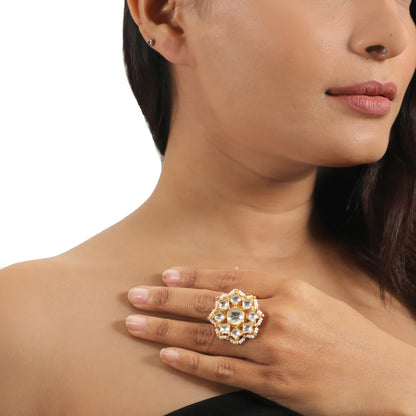 White Flower Unique Design Jadtar Stone Ring