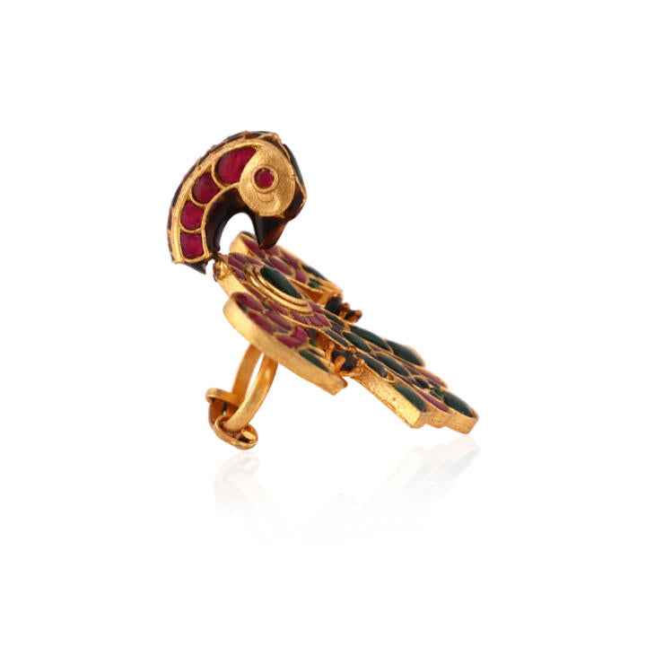 Gold Plated Peacock Pink & Green Jadtar Finger Ring For Women