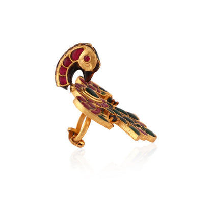Gold Plated Peacock Pink & Green Jadtar Finger Ring For Women