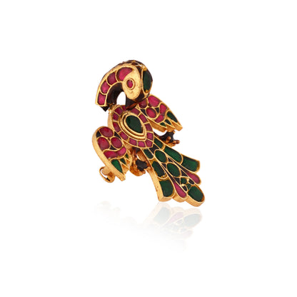 Gold Plated Peacock Pink & Green Jadtar Finger Ring For Women