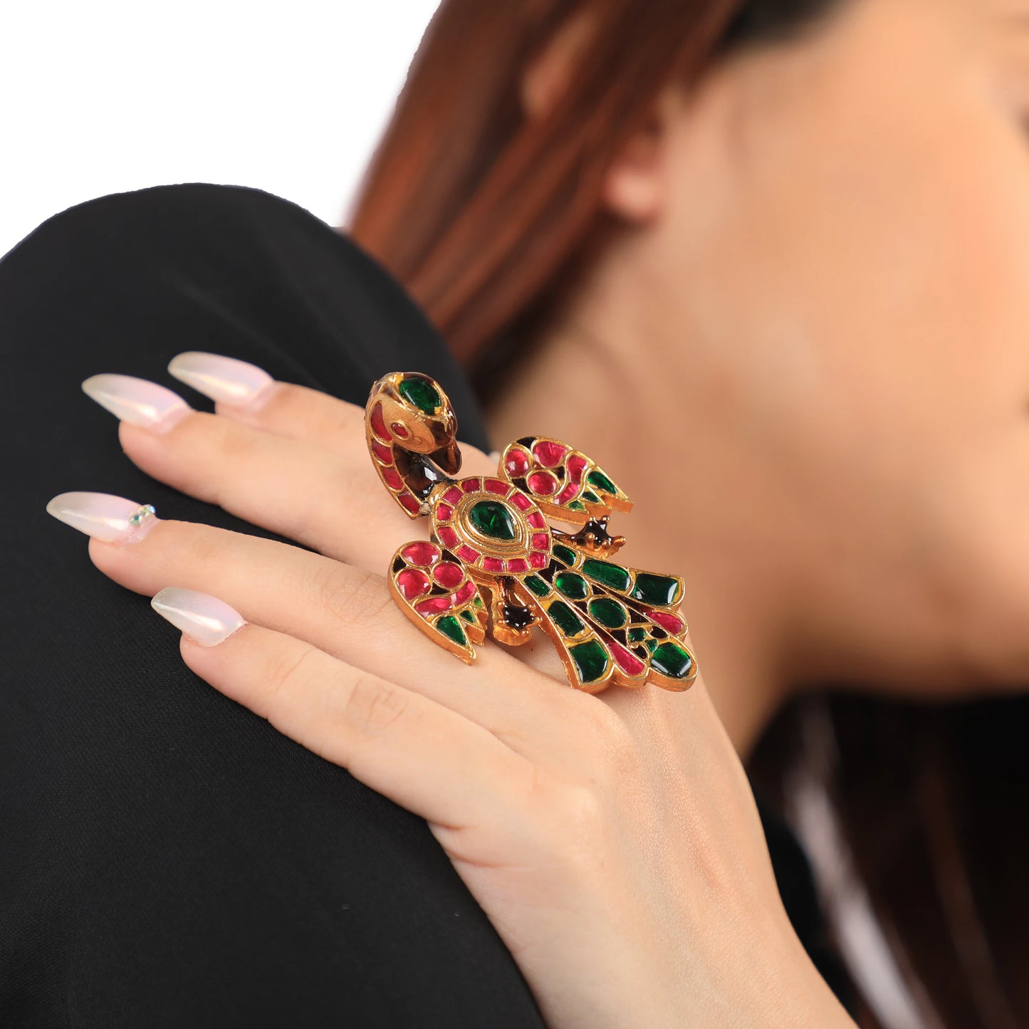 Gold Plated Peacock Pink & Green Jadtar Finger Ring For Women