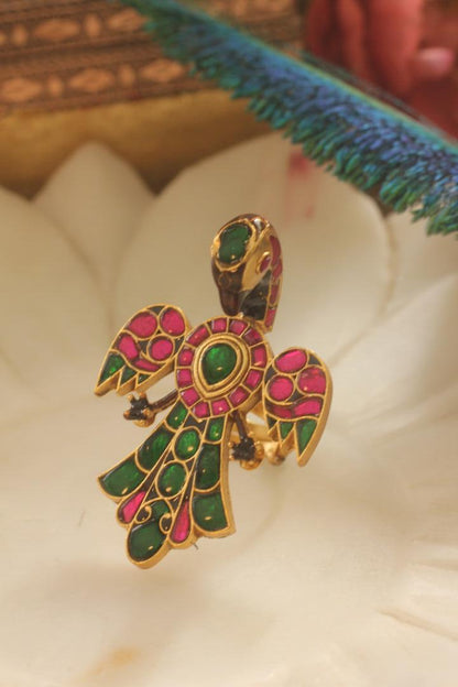Gold Plated Peacock Pink & Green Jadtar Finger Ring For Women