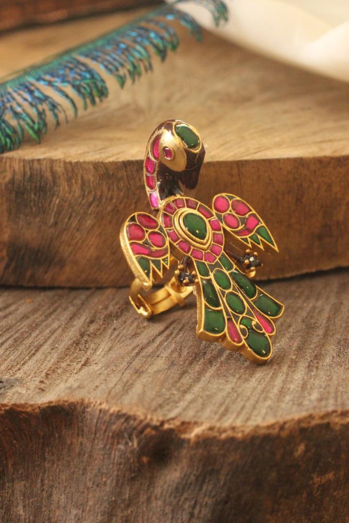 Gold Plated Peacock Pink & Green Jadtar Finger Ring For Women