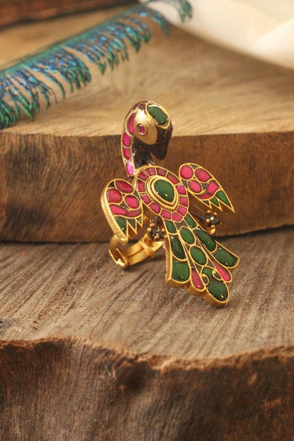 Gold Plated Peacock Pink & Green Jadtar Finger Ring For Women