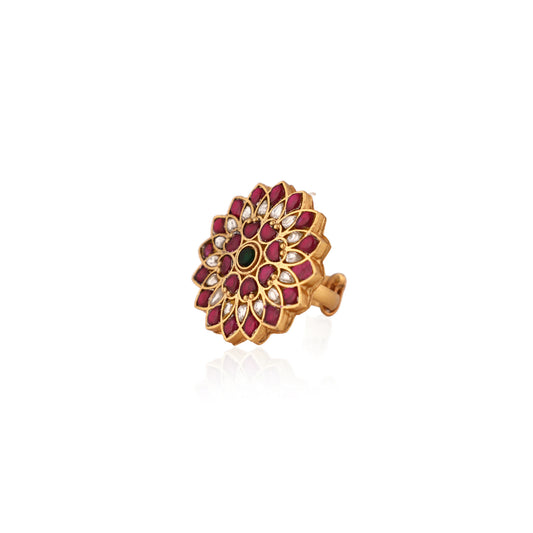 Stunning Green & Pink Floral Leaf Gold Plated Adjustable Ring