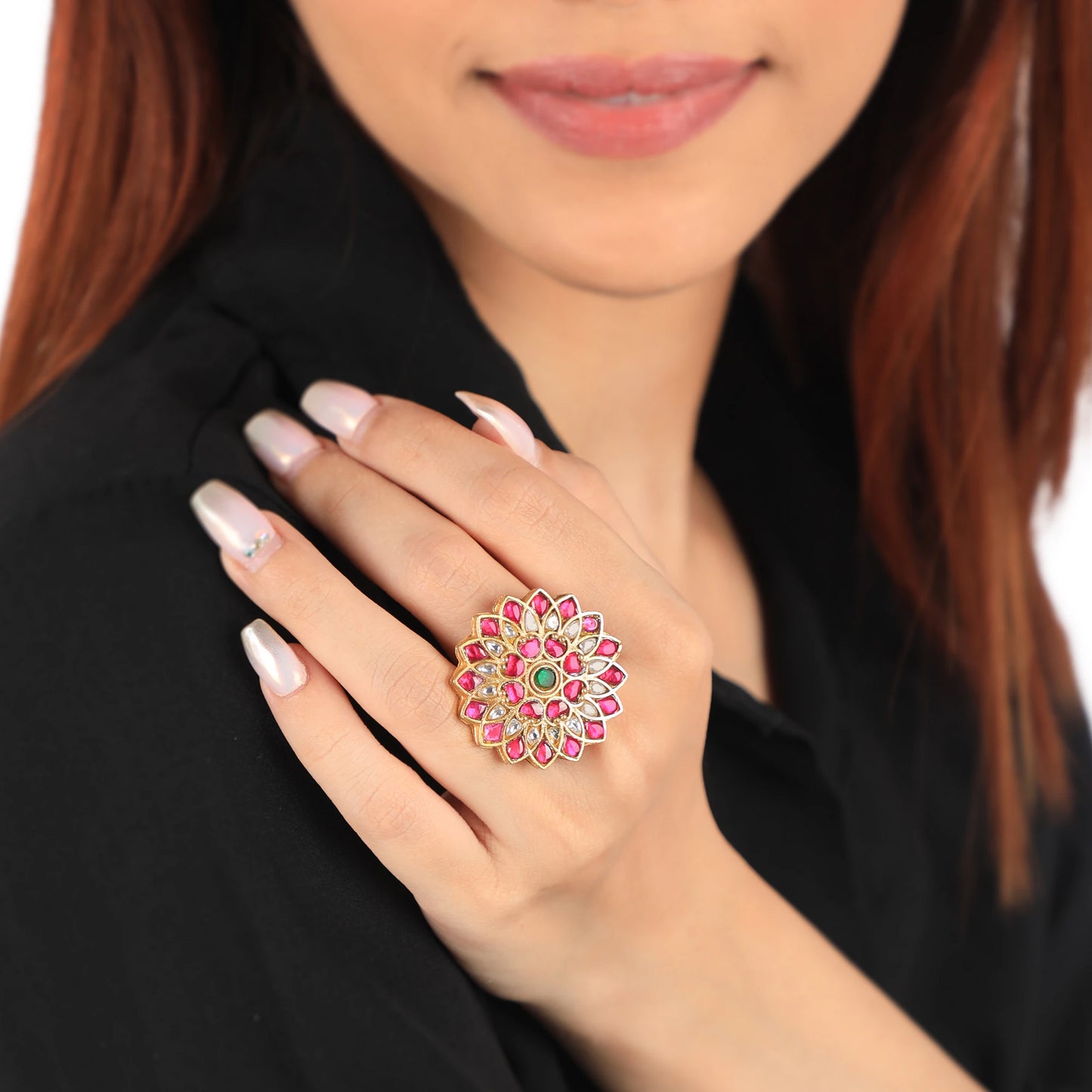 Stunning Green & Pink Floral Leaf Gold Plated Adjustable Ring