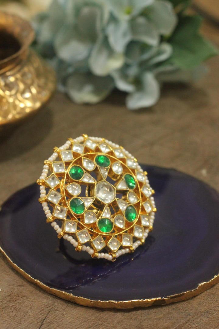 Green & White Traditional Wear Finger Ring For Women