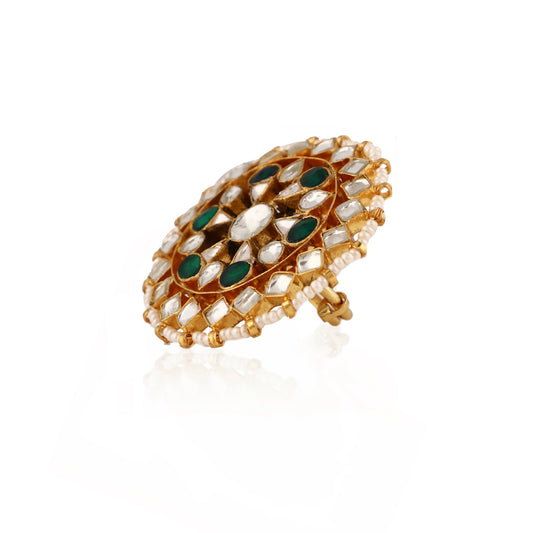 Green & White Traditional Wear Finger Ring For Women