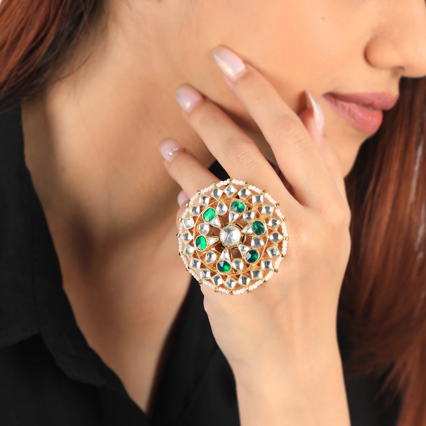 Green & White Traditional Wear Finger Ring For Women