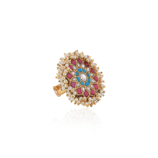 Riana Traditional Handcrafted Floral Design Rice Pearl Gold Plated Pink And Sky Blue Ring