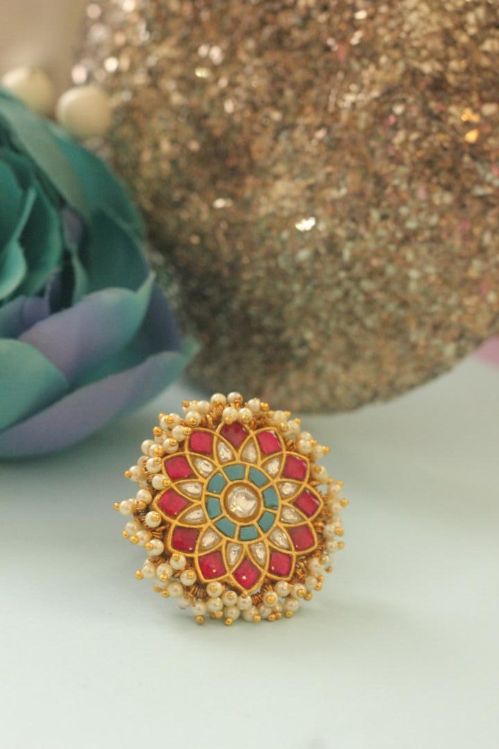 Riana Traditional Handcrafted Floral Design Rice Pearl Gold Plated Pink And Sky Blue Ring