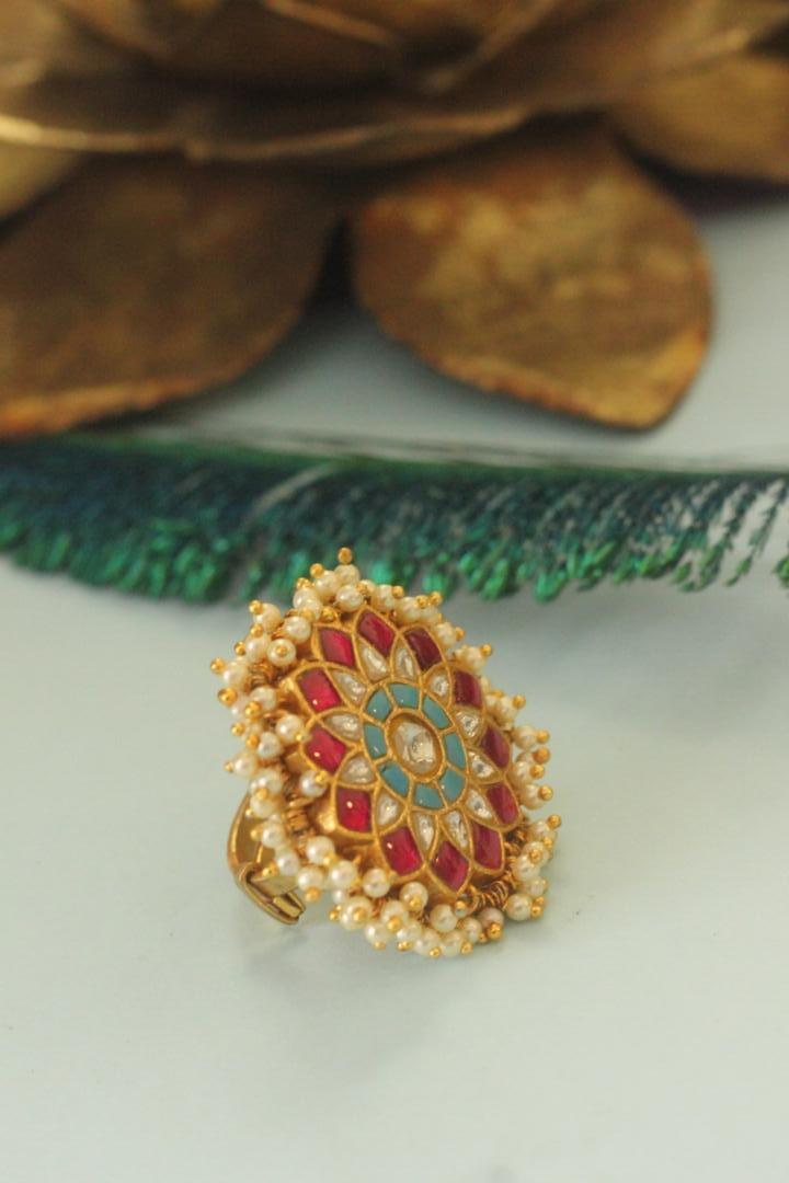 Riana Traditional Handcrafted Floral Design Rice Pearl Gold Plated Pink And Sky Blue Ring