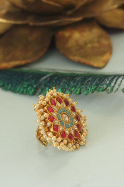 Riana Traditional Handcrafted Floral Design Rice Pearl Gold Plated Pink And Sky Blue Ring