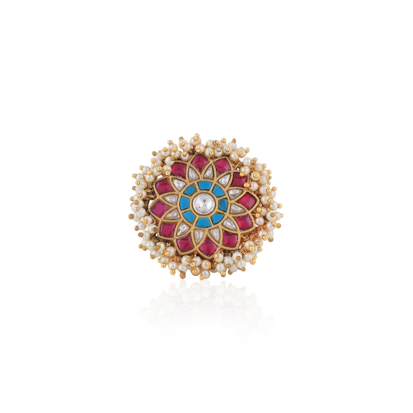Riana Traditional Handcrafted Floral Design Rice Pearl Gold Plated Pink And Sky Blue Ring