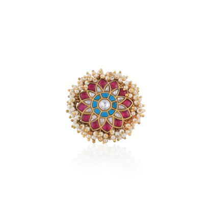 Riana Traditional Handcrafted Floral Design Rice Pearl Gold Plated Pink And Sky Blue Ring