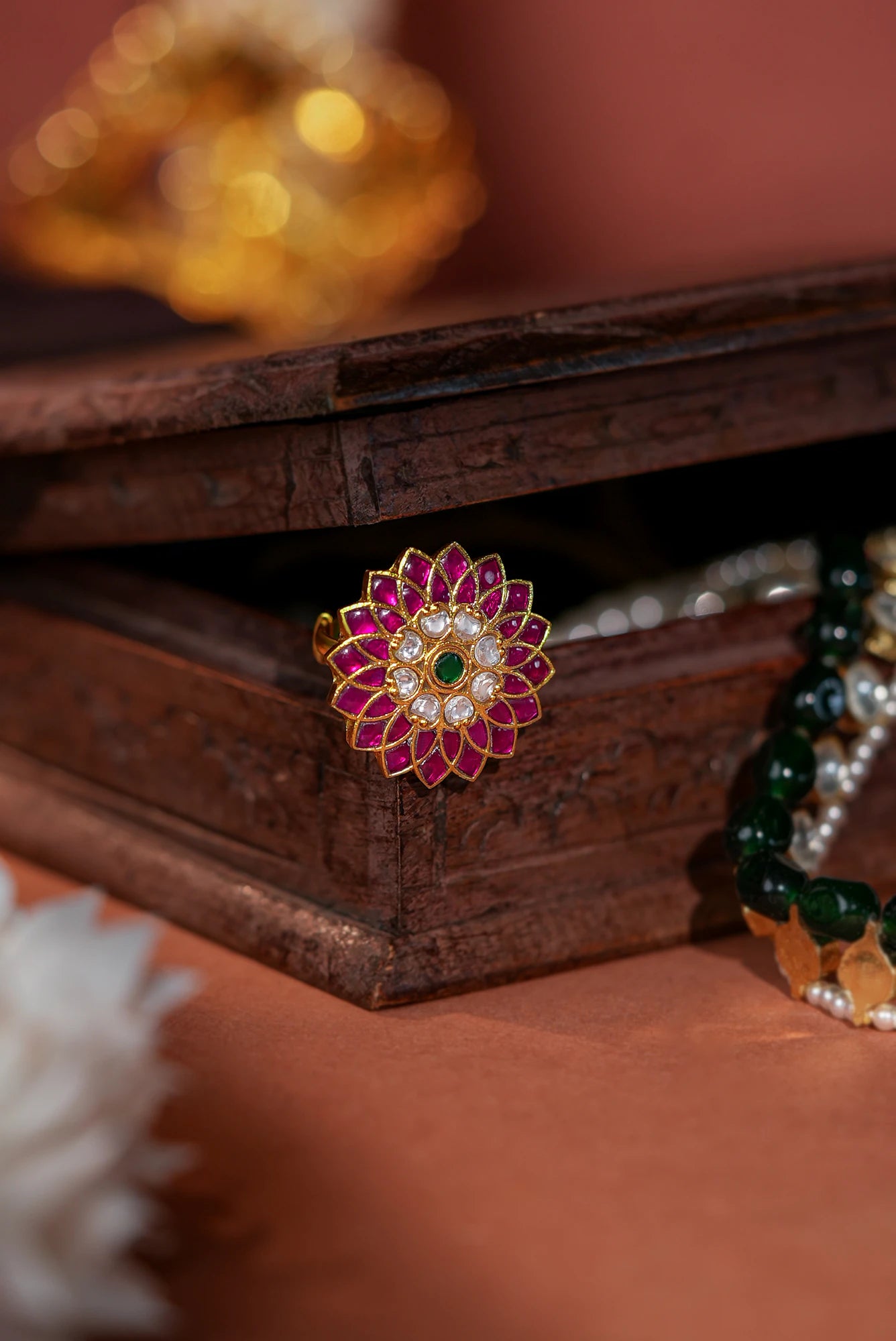 Handcrafted Pink Green floral ring