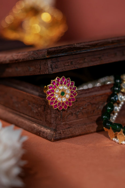 Handcrafted Pink Green floral ring