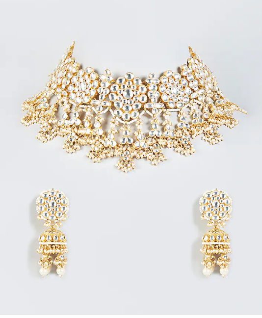 Flower White Jadtar Stone Necklace Set