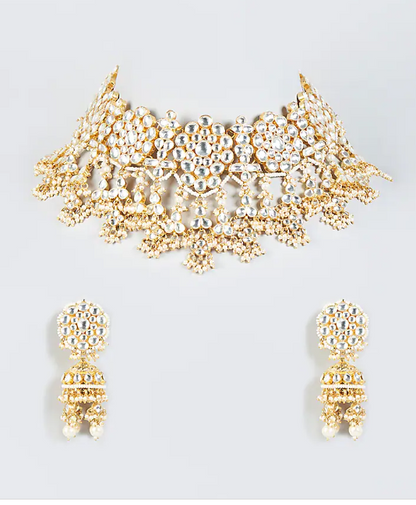 Flower White Jadtar Stone Necklace Set