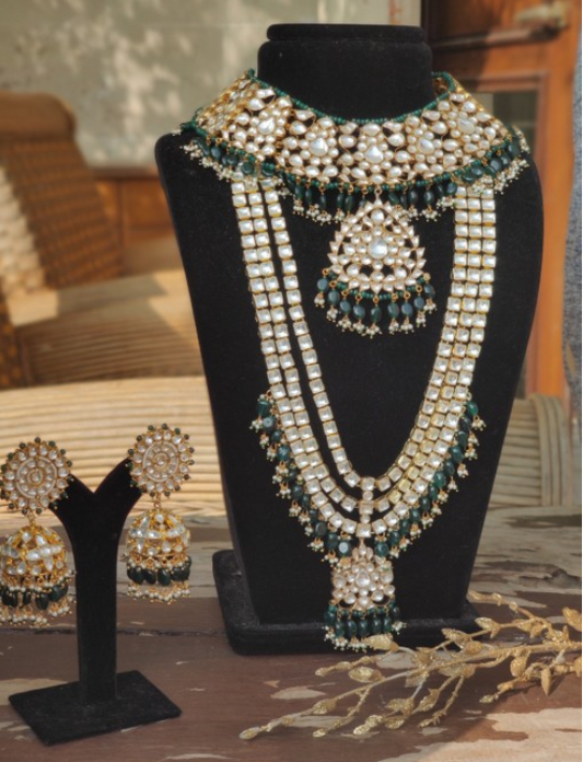 White Jadtar Stone With Green Beads Heavy Necklace With  Jhumki & Long Pendant
