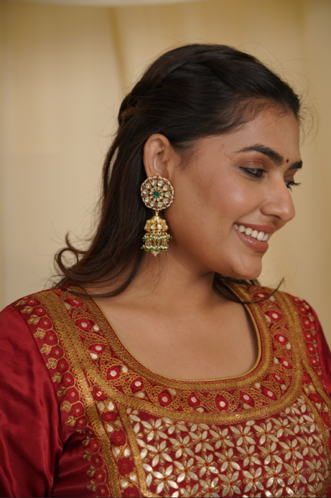 Pink And Green Floral Jadtar Stone Jhumki