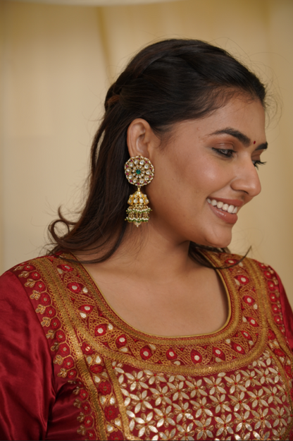Pink And Green Floral Jadtar Stone Jhumki