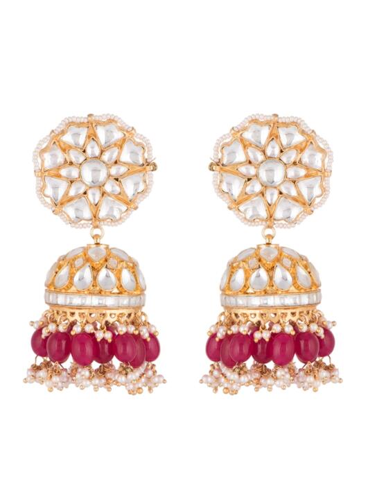 White Jadtar Stone Big Jhumki  And Red Beads