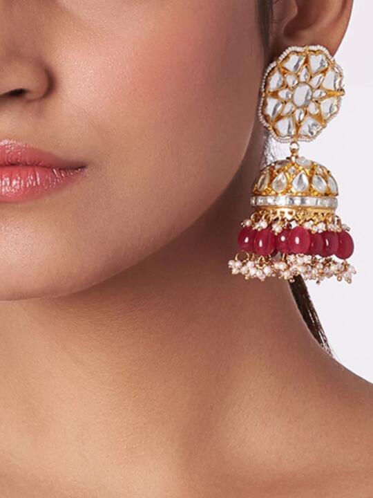 White Jadtar Stone Big Jhumki  And Red Beads