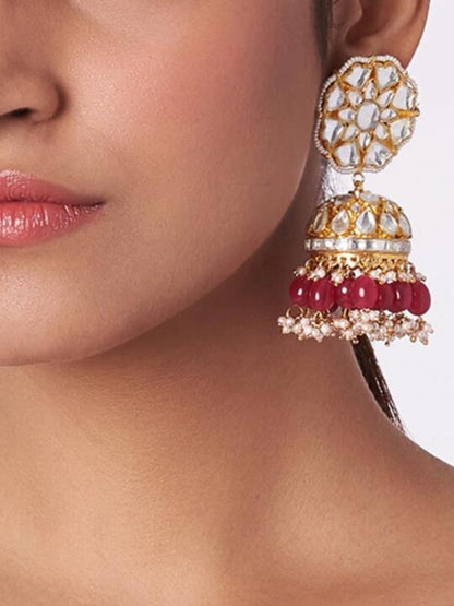 White Jadtar Stone Big Jhumki  And Red Beads