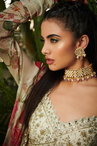 White Stone And  Light Pink Beads Choker Set