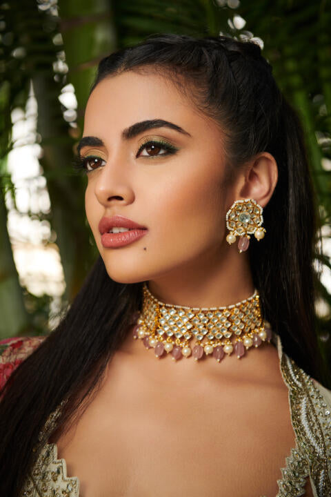 White Stone And  Light Pink Beads Choker Set
