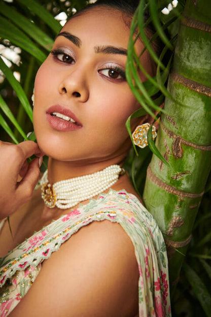 Half Moon White Pearl Jadtar Choker With Floral Studs