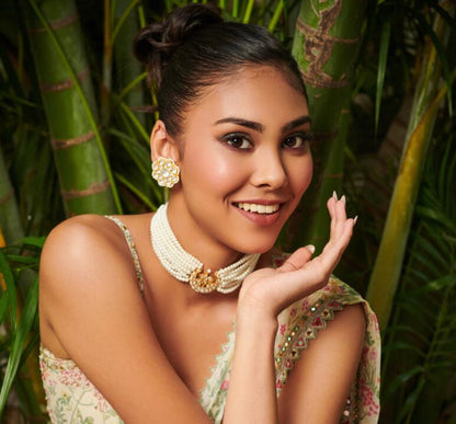 Half Moon White Pearl Jadtar Choker With Floral Studs