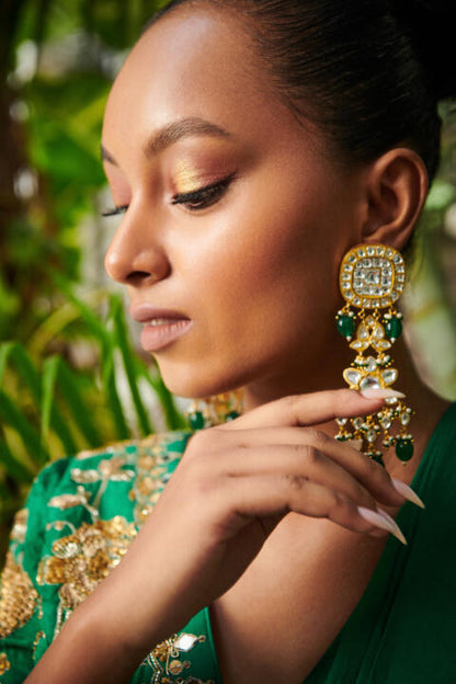 Jhumki Earrings With Green And White Floral Design Studs And Pearls