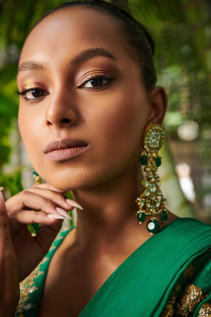 Jhumki Earrings With Green And White Floral Design Studs And Pearls
