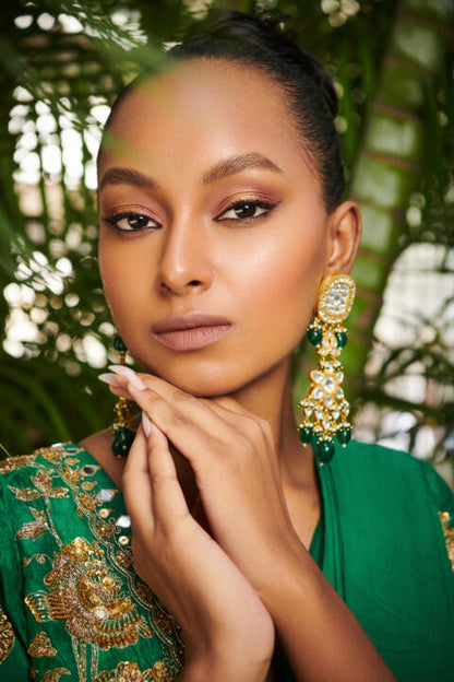 Jhumki Earrings With Green And White Floral Design Studs And Pearls