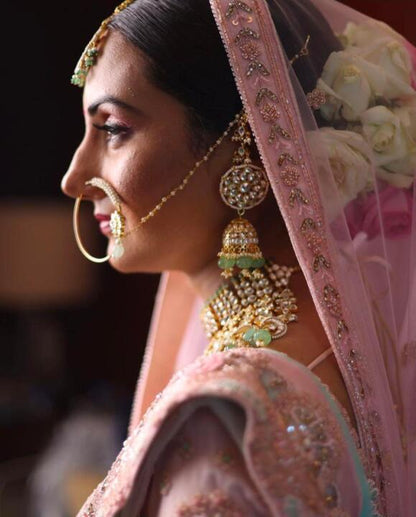 Rajasthani Traditional Nosering In 22Kt Gold Plating With Pearls And Sea Green Hanging