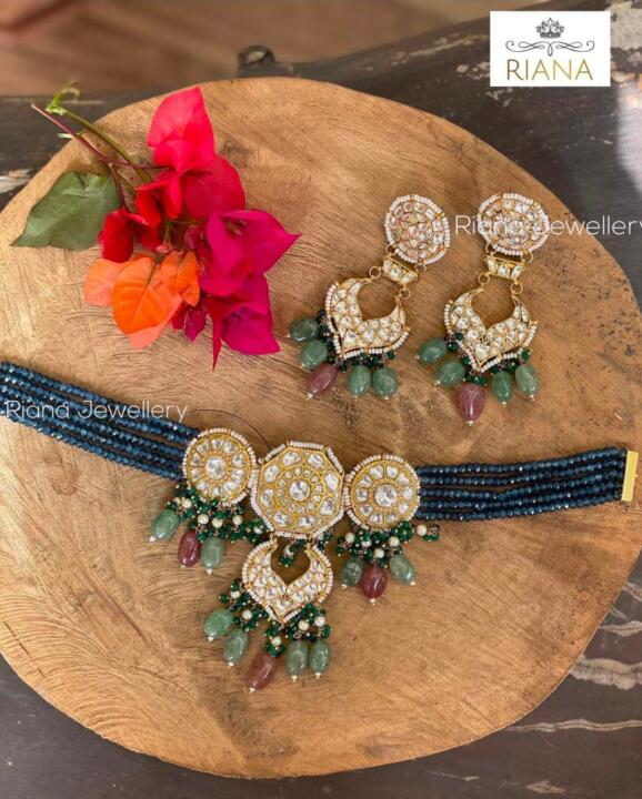 22Kt Gold Plated Choker Necklace Studded With Jadtar Stones In Blue