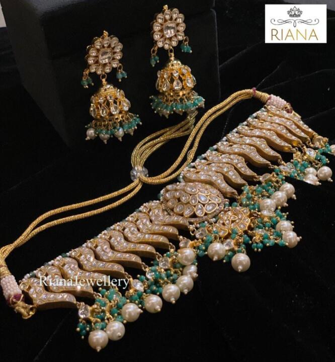 Festive Wear Necklace Set In 22Kt Gold Plating, Carved Uniquely With Sea Green Beads And Pearls