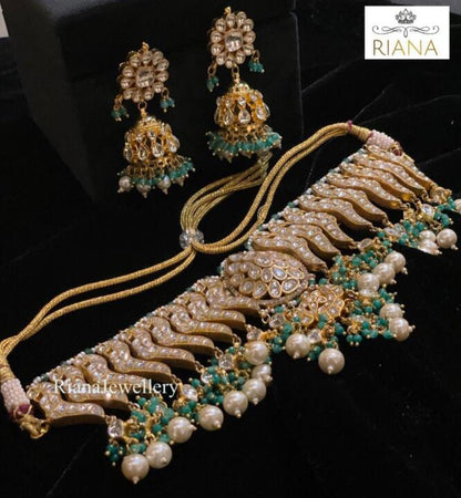 Festive Wear Necklace Set In 22Kt Gold Plating, Carved Uniquely With Sea Green Beads And Pearls