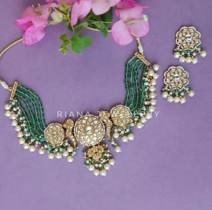 White And Light Green Choker Set With Pearls