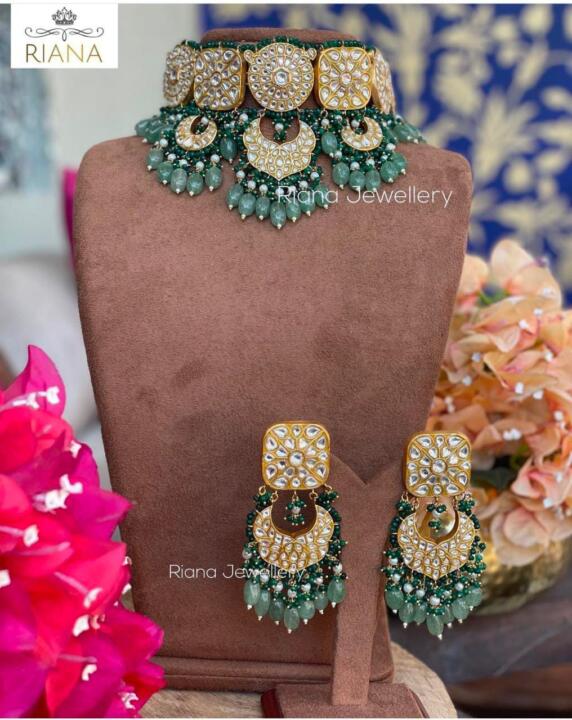 White Jadtar Stone Necklace Set With Green Moti Work And Sea Green Beads