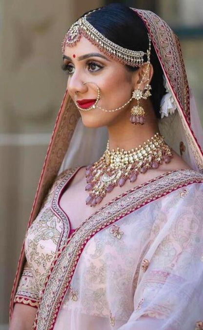 Pastel Pink And White Jadtar Stones Mathapatti