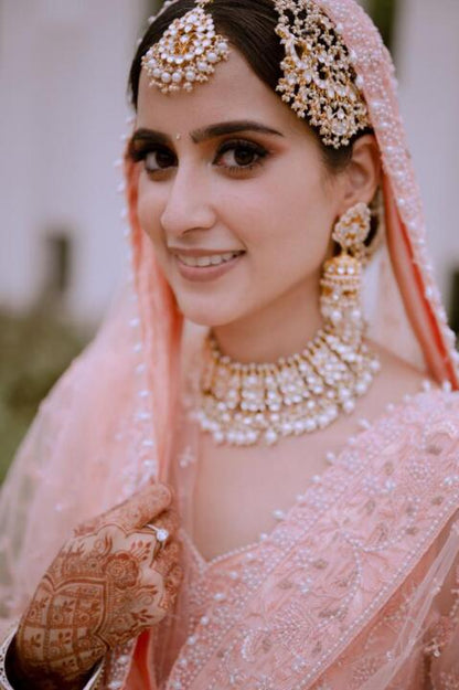 Gold Plated White Choker With Pearls Necklace Set With Earrings