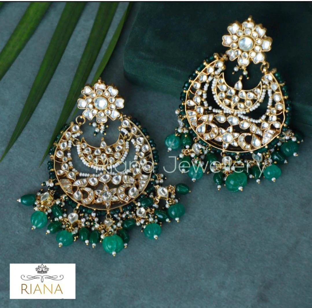White Big Chand Baali Style Earrings Beadded Green Beads
