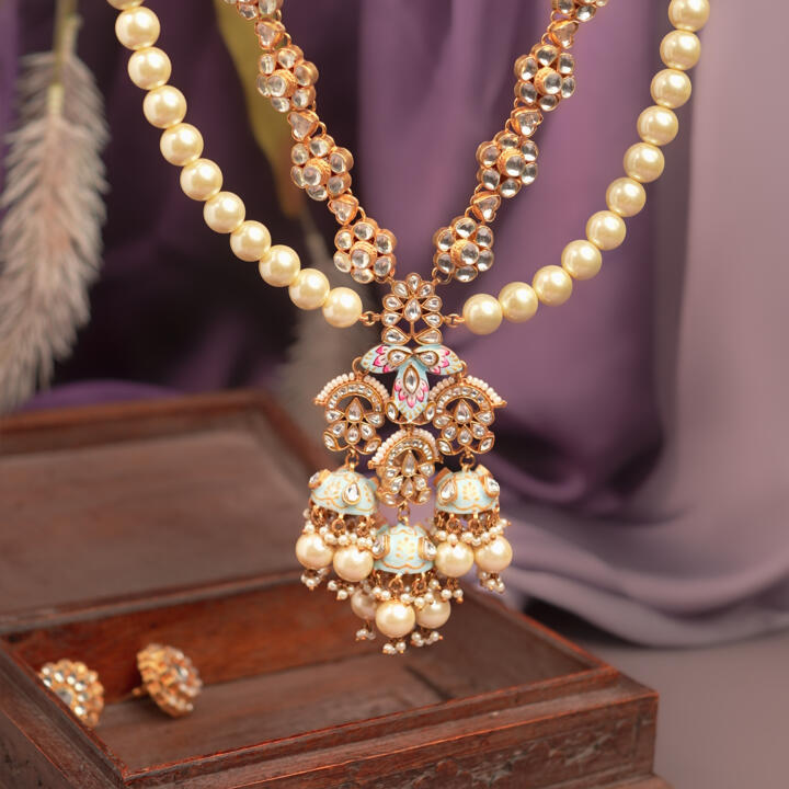 Firozi Meenakari Pendant White  Pearl Line Long Necklace With Studs